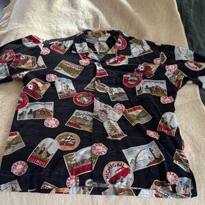 Travel-Themed Black Casual Button Down Shirt